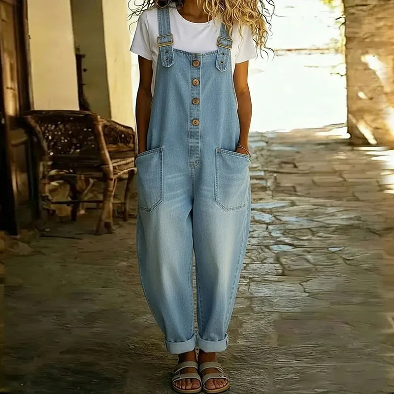 Mae | Salopette vintage effetto denim in morbido cotone con spalline regolabili