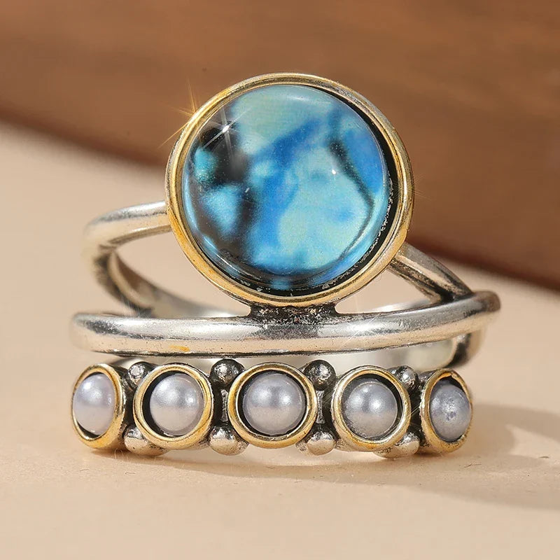 Ocean Blue Abalone & Pearl Stacking Ring