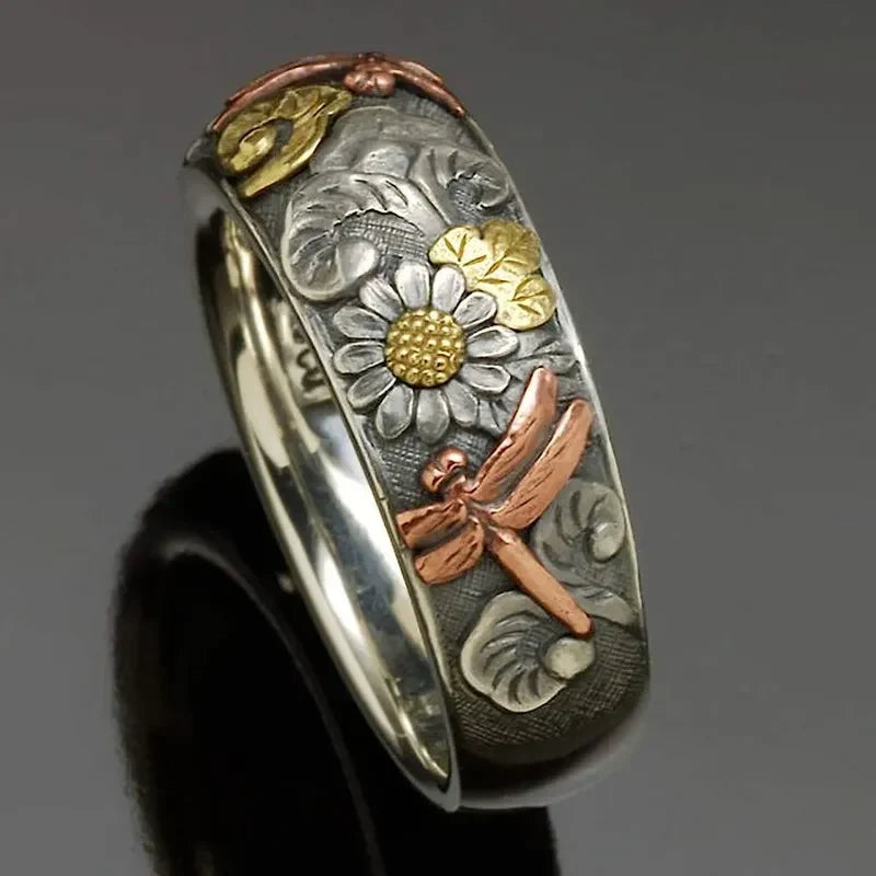 Vintage Mixed Metal Design Sunflower Dragonfly Ring