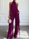 Conjunto de duas peças roxo elegante, com top frente única sem mangas e calça