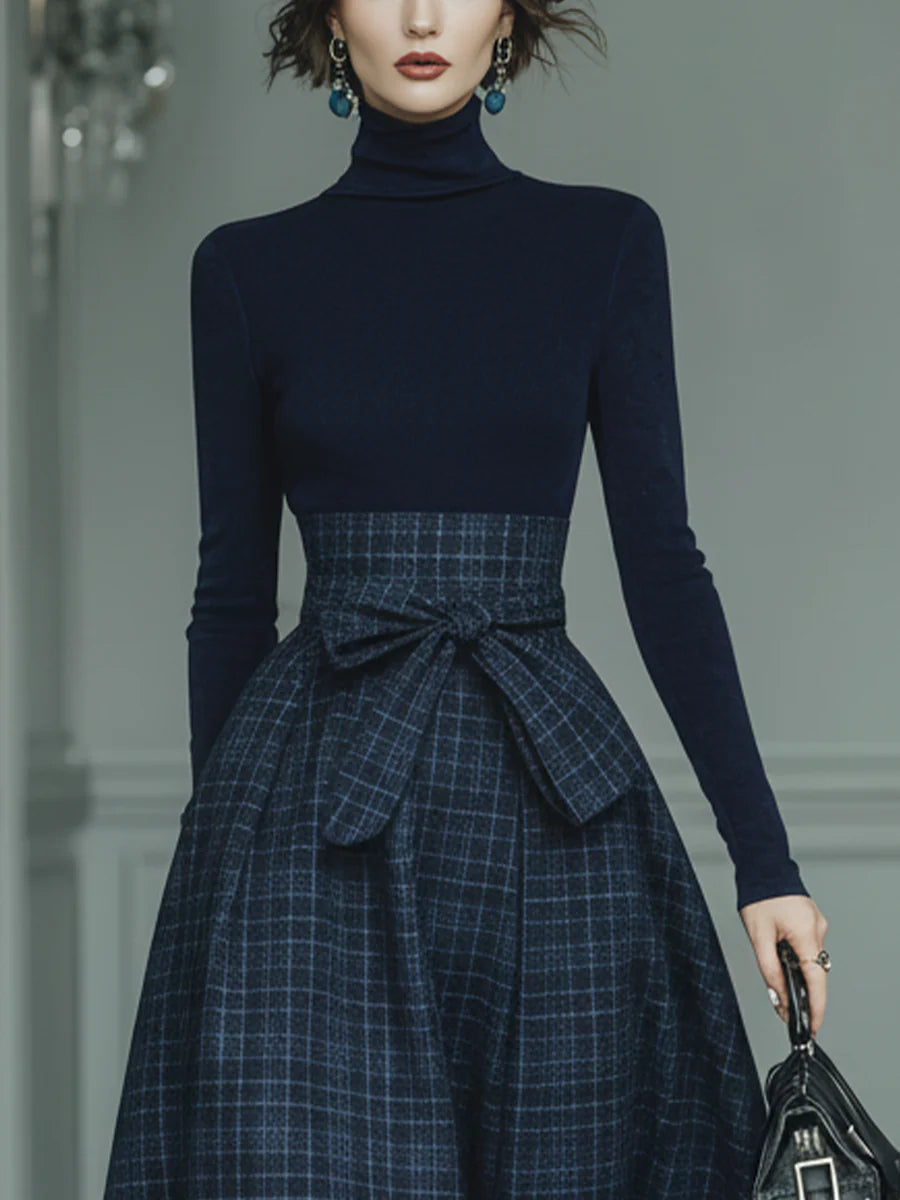 Conjunto Lila de Top Elástico de Cuello Alto y Falda a Cuadros