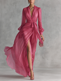 Beatrice | Vestido largo elegante de gasa con cuello en V y cintura anudada