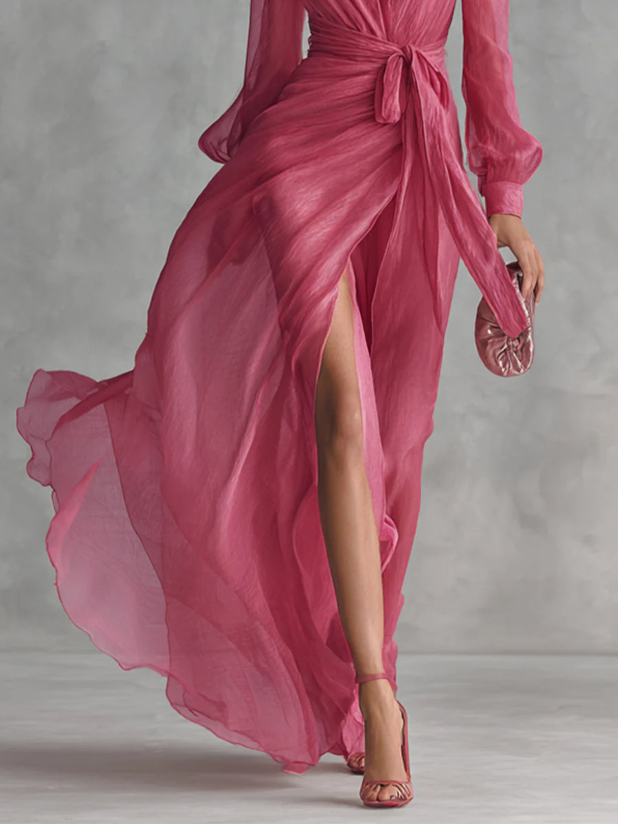 Beatrice | Vestido largo elegante de gasa con cuello en V y cintura anudada