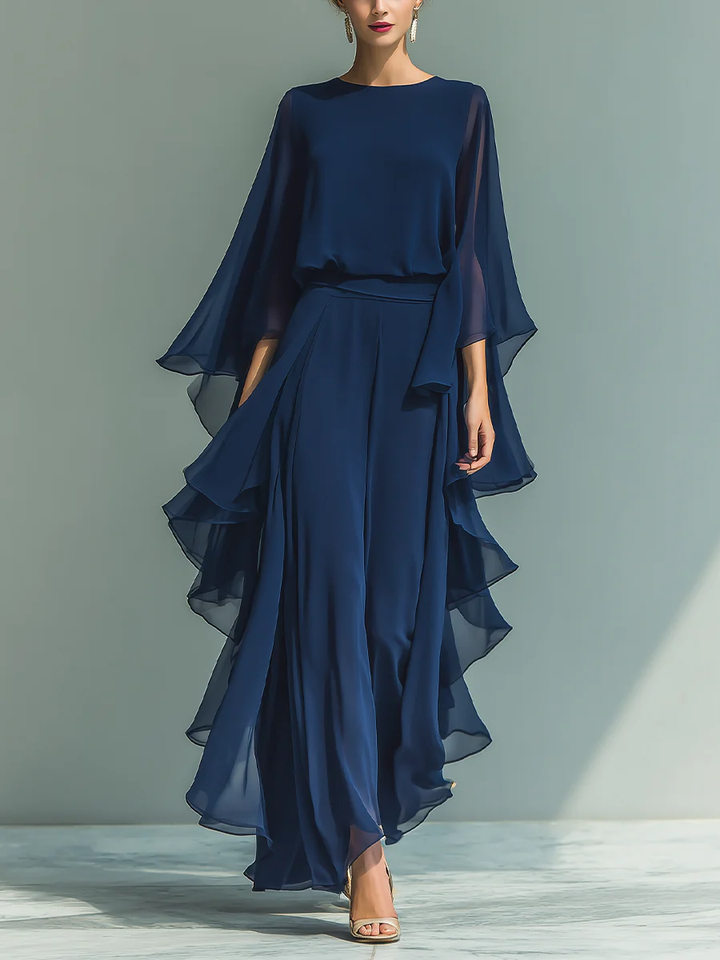 Conjunto de Top de Gasa con Mangas de Campana y Pantalones con Volantes Nina