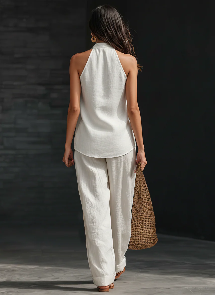Conjunto Blusa Sem Mangas com Decote V e Calça Pantalona Lila