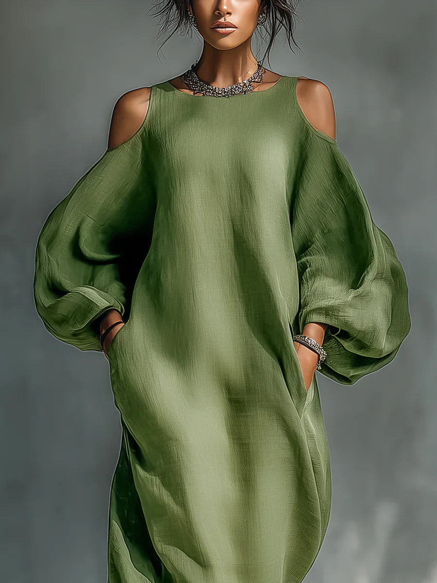 Vestido midi verde de gasa, hombros descubiertos y mangas cortas
