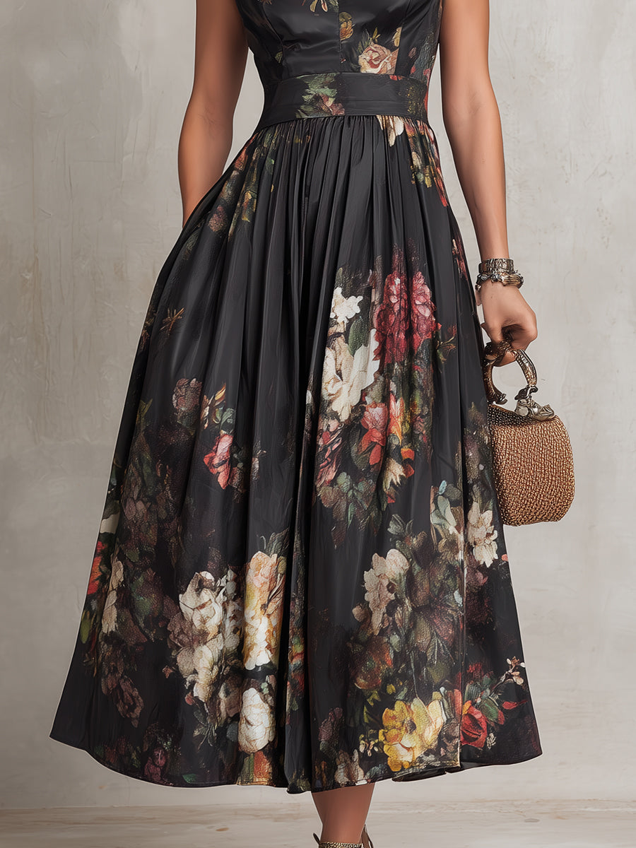 Vestido midi de satén plisado con estampado floral, cuello tipo ojo de cerradura y color negro Alessia