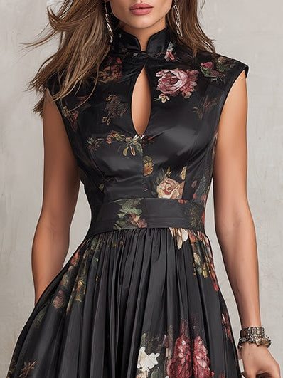 Alessia Black Keyhole Collar Floral Pleated Satin Midi Dress