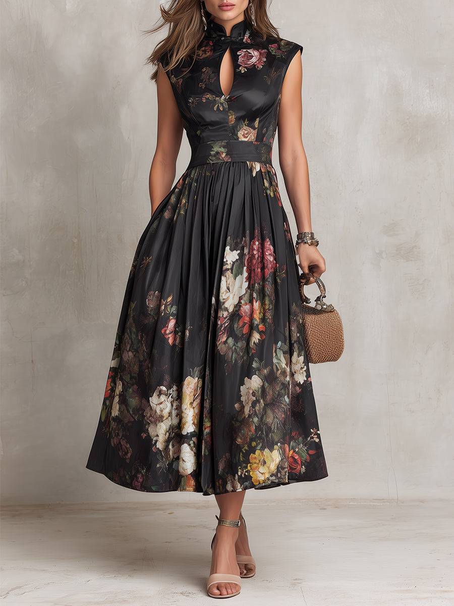 Vestido midi de satén plisado con estampado floral, cuello tipo ojo de cerradura y color negro Alessia