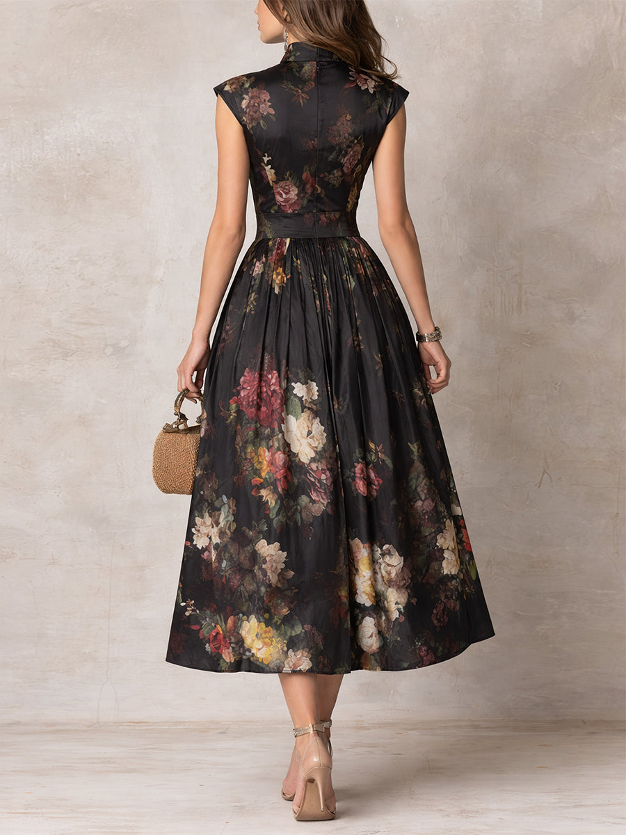 Alessia Black Keyhole Collar Floral Pleated Satin Midi Dress