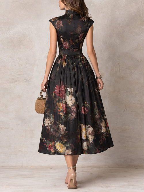 Alessia Black Keyhole Collar Floral Pleated Satin Midi Dress