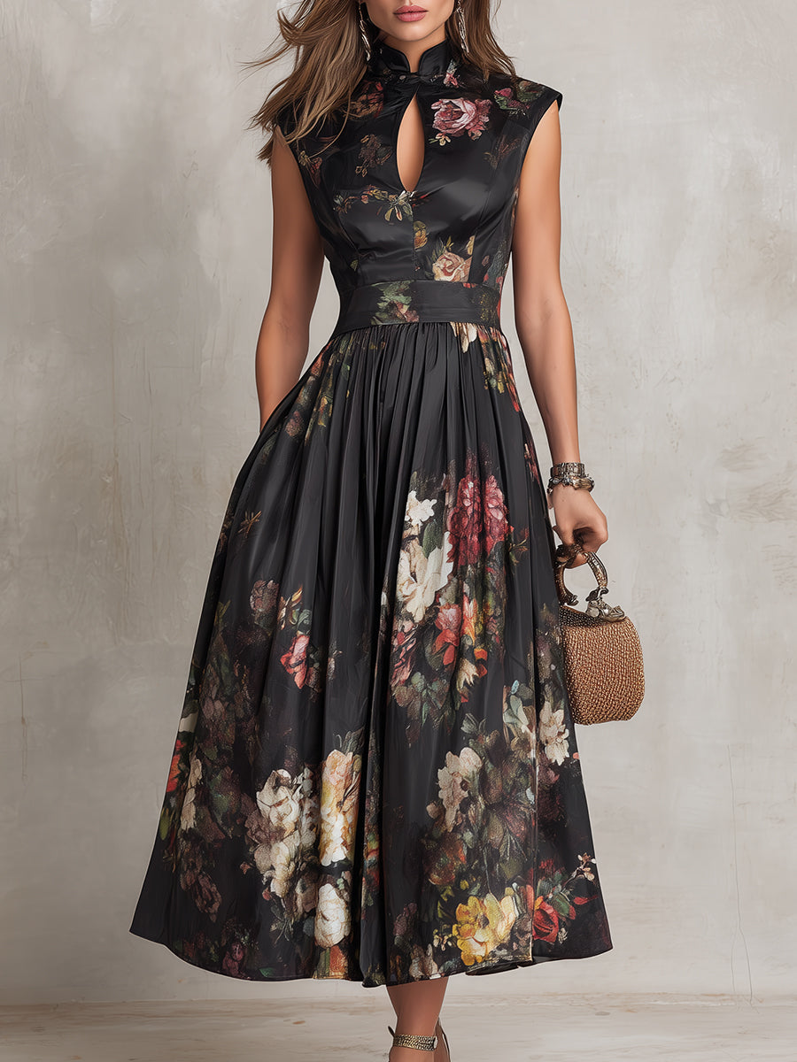 Alessia Black Keyhole Collar Floral Pleated Satin Midi Dress