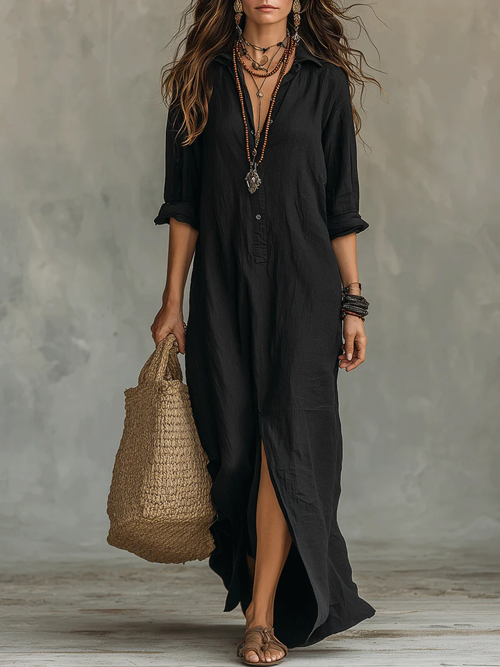 Soline | Vestido Largo Relajado con Escote en V y Botones