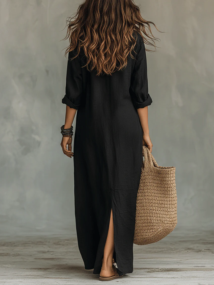 Soline | Vestido Largo Relajado con Escote en V y Botones