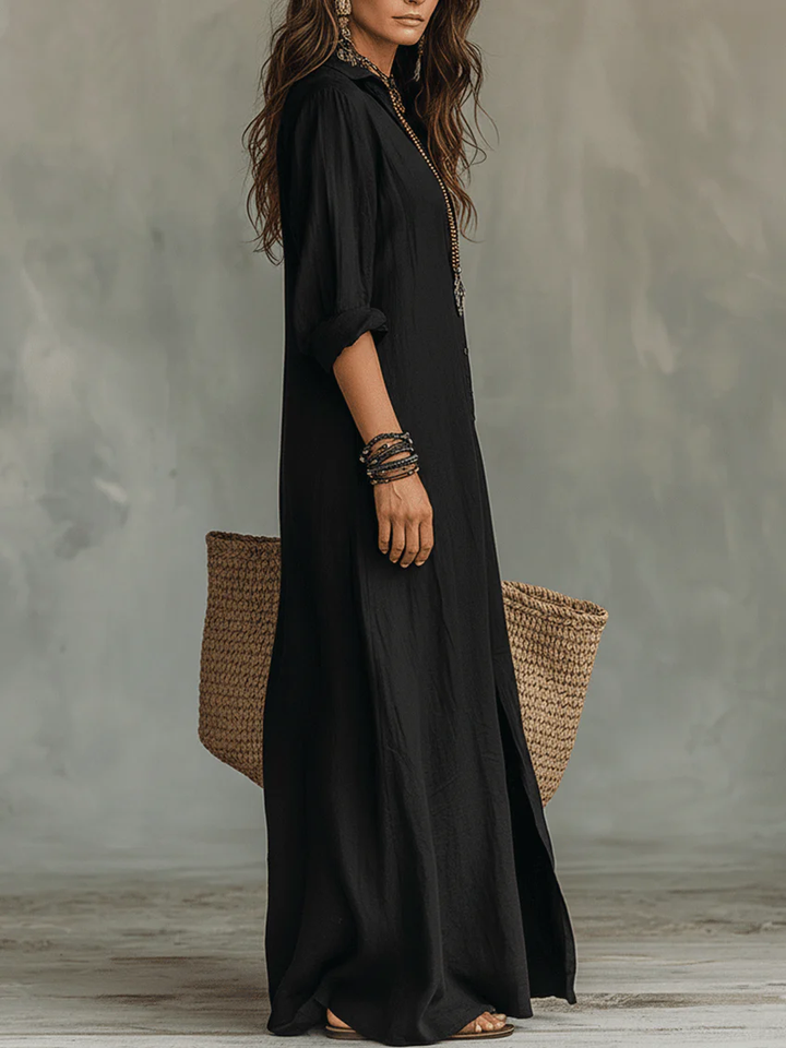 Soline | Vestido Largo Relajado con Escote en V y Botones