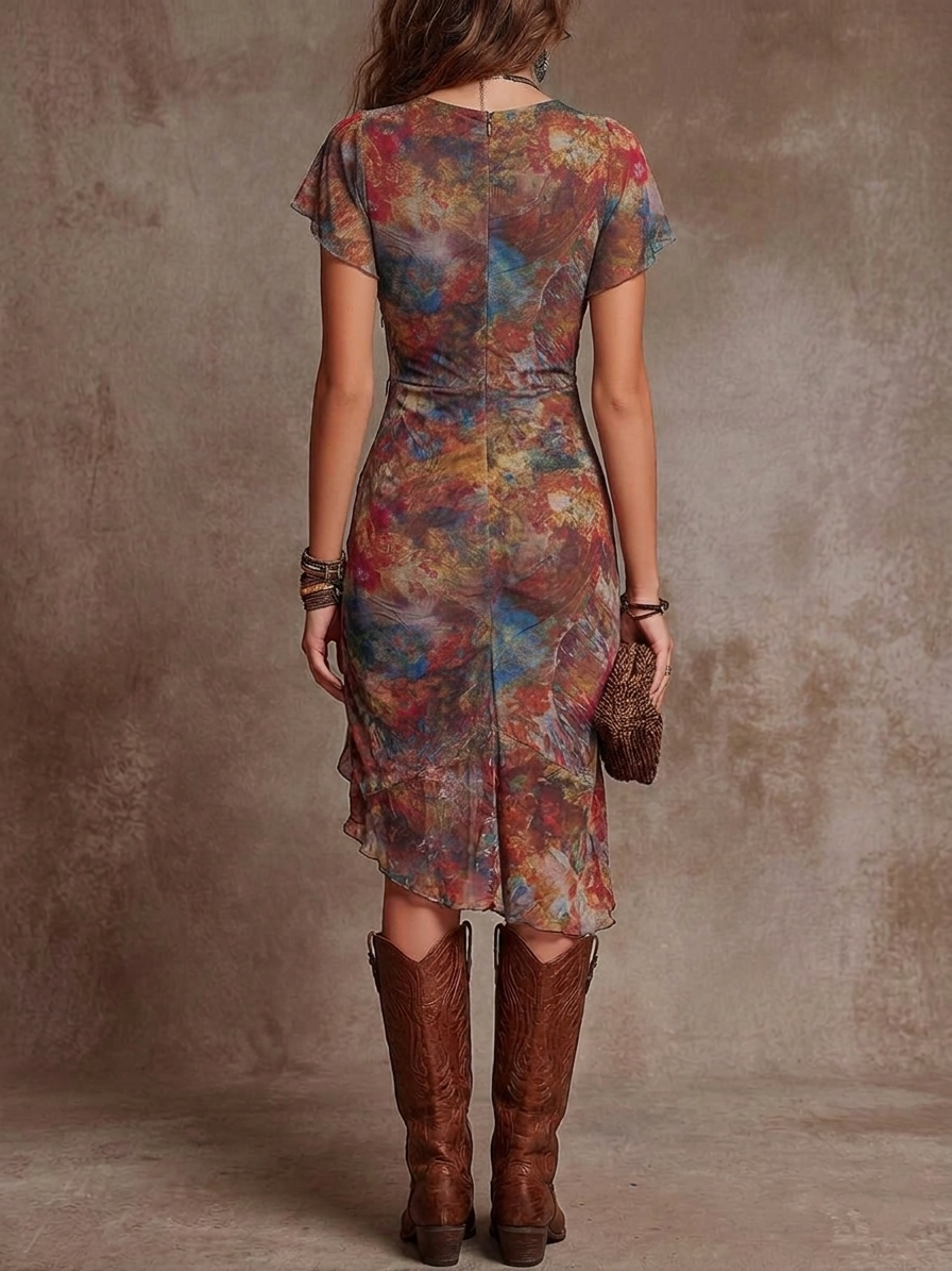 Vestido midi bohemio con estampado de arte abstracto, escote en V y plisado