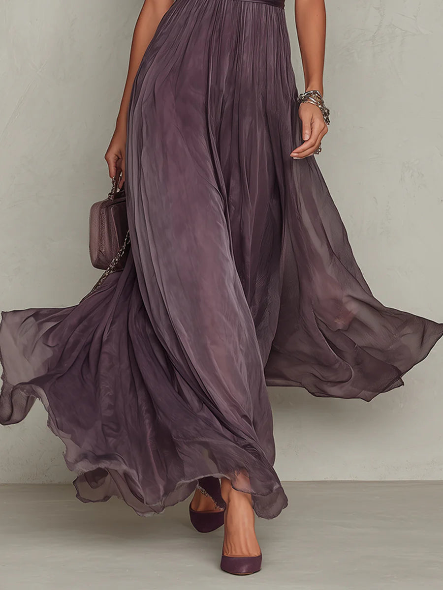 Flavia | Vestido longo roxo elegante com decote profundo e renda