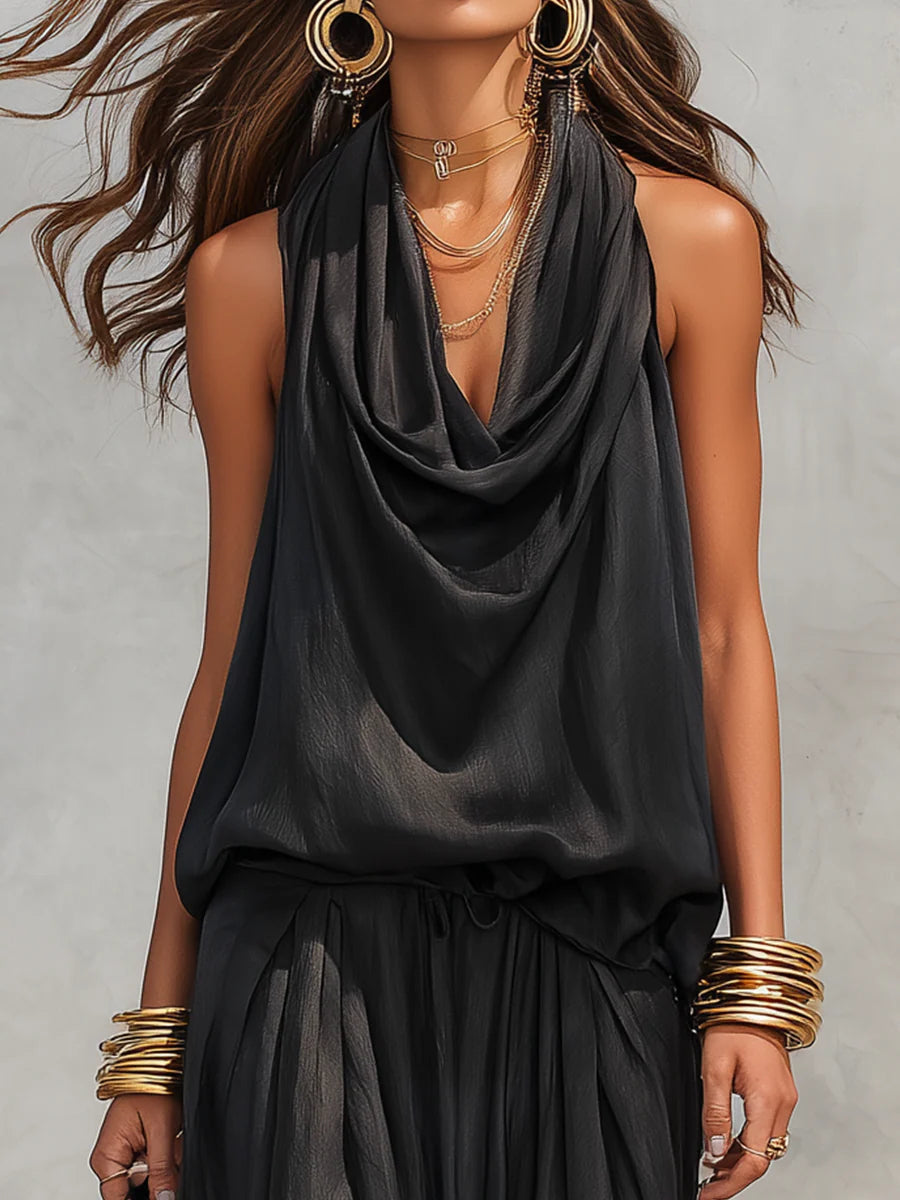 Conjunto de top con cuello halter y pantalones plisados Serena