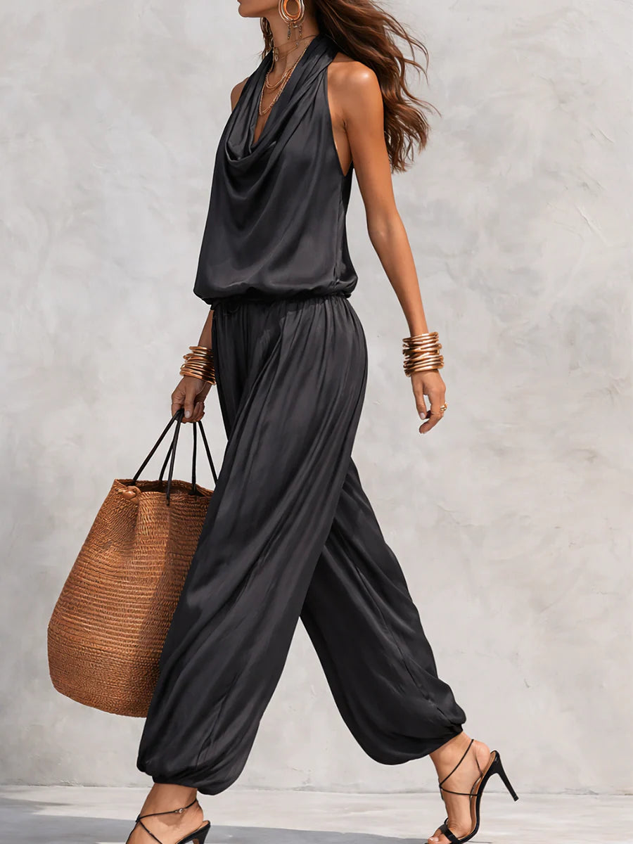 Conjunto de top con cuello halter y pantalones plisados Serena