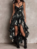 Vestido maxi preto boêmio tomara que caia com estampa floral irregular