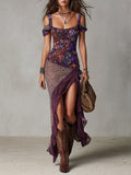 Maxivestido morado de estilo urbano nómada con estampado de leopardo y flores, abertura alta
