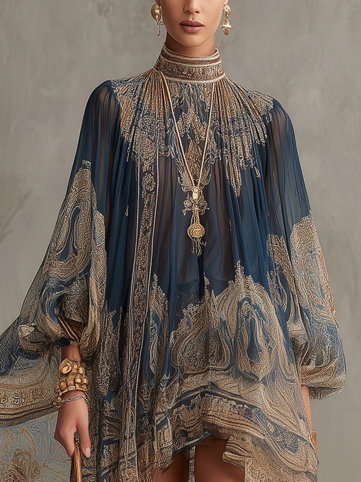 Minivestido azul marino de gasa con estampado barroco, cuello alto y diseño irregular