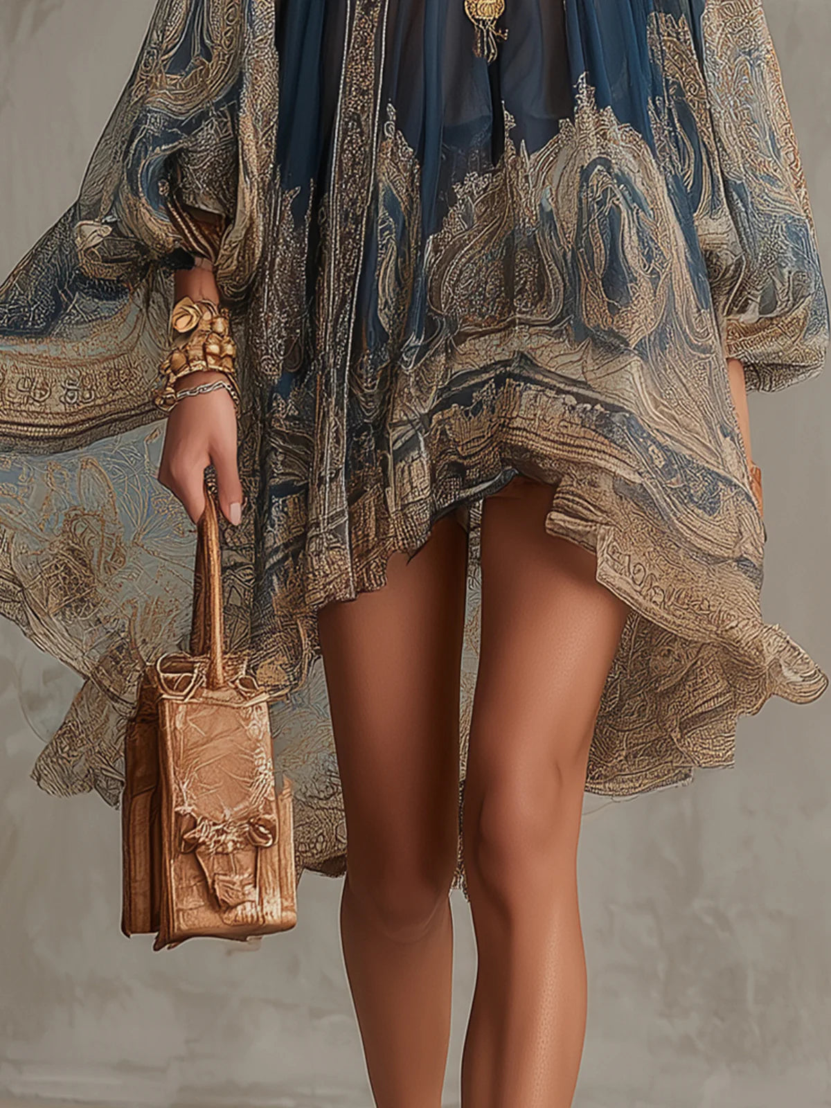 Minivestido azul marino de gasa con estampado barroco, cuello alto y diseño irregular