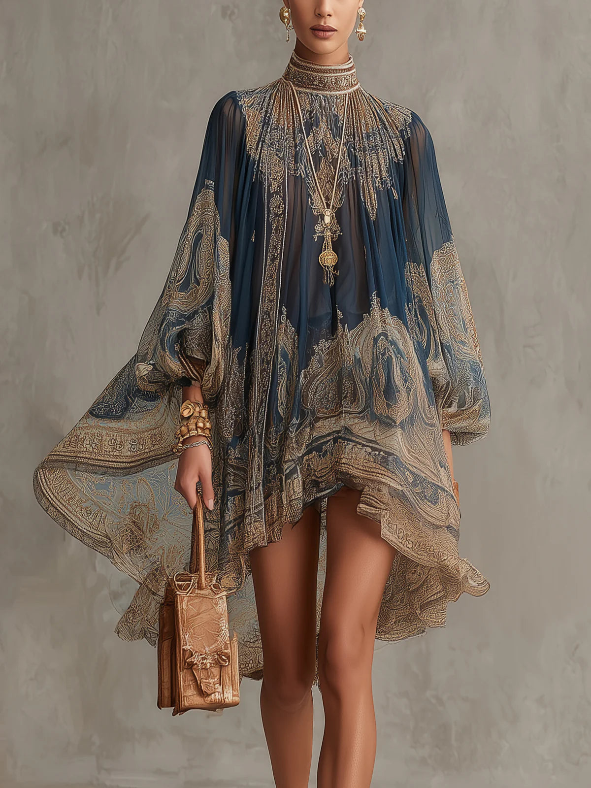 Minivestido azul marino de gasa con estampado barroco, cuello alto y diseño irregular