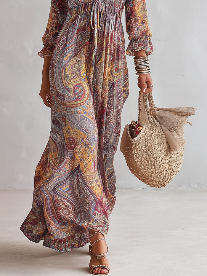 Vestido maxi de chiffon com estampa paisley, decote V e franzido