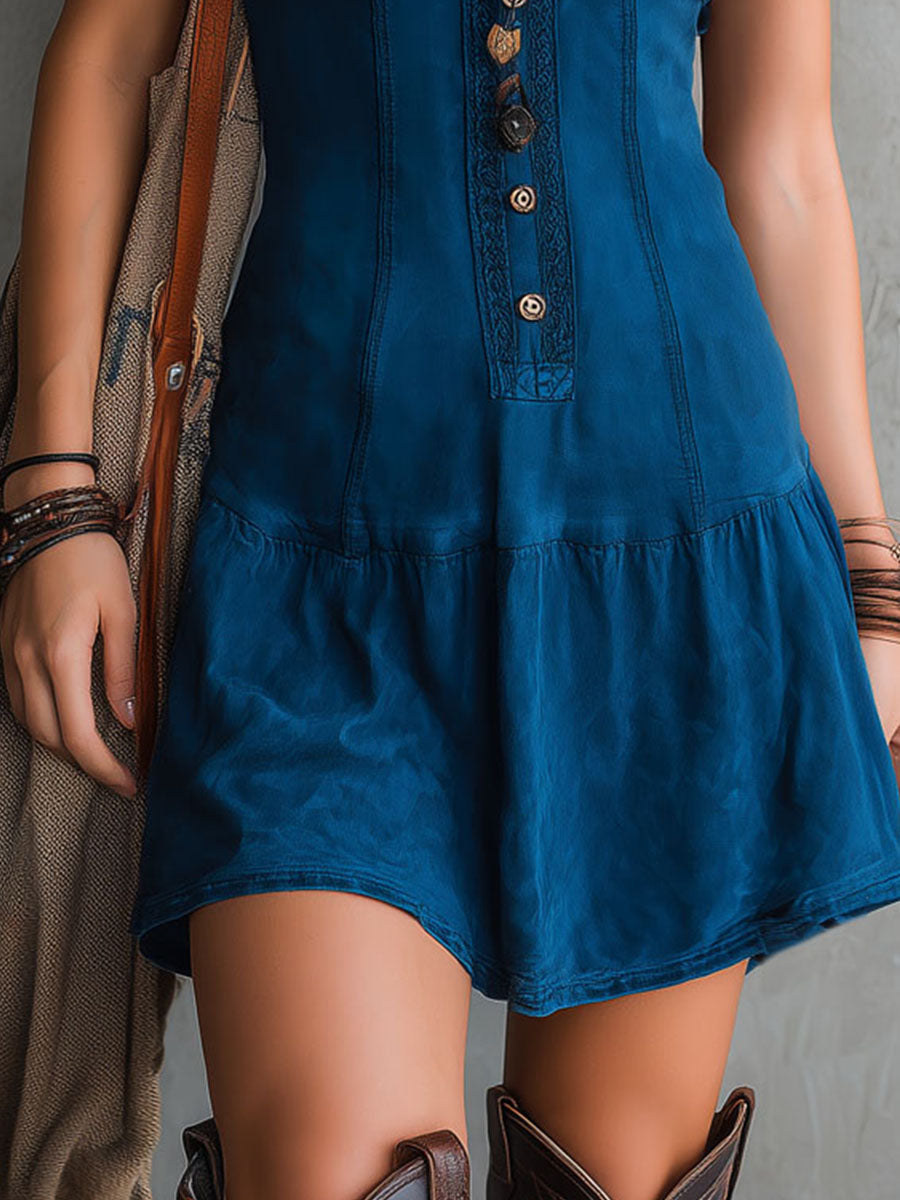 Minivestido bohemio índigo sin mangas, escote en V y botones delanteros