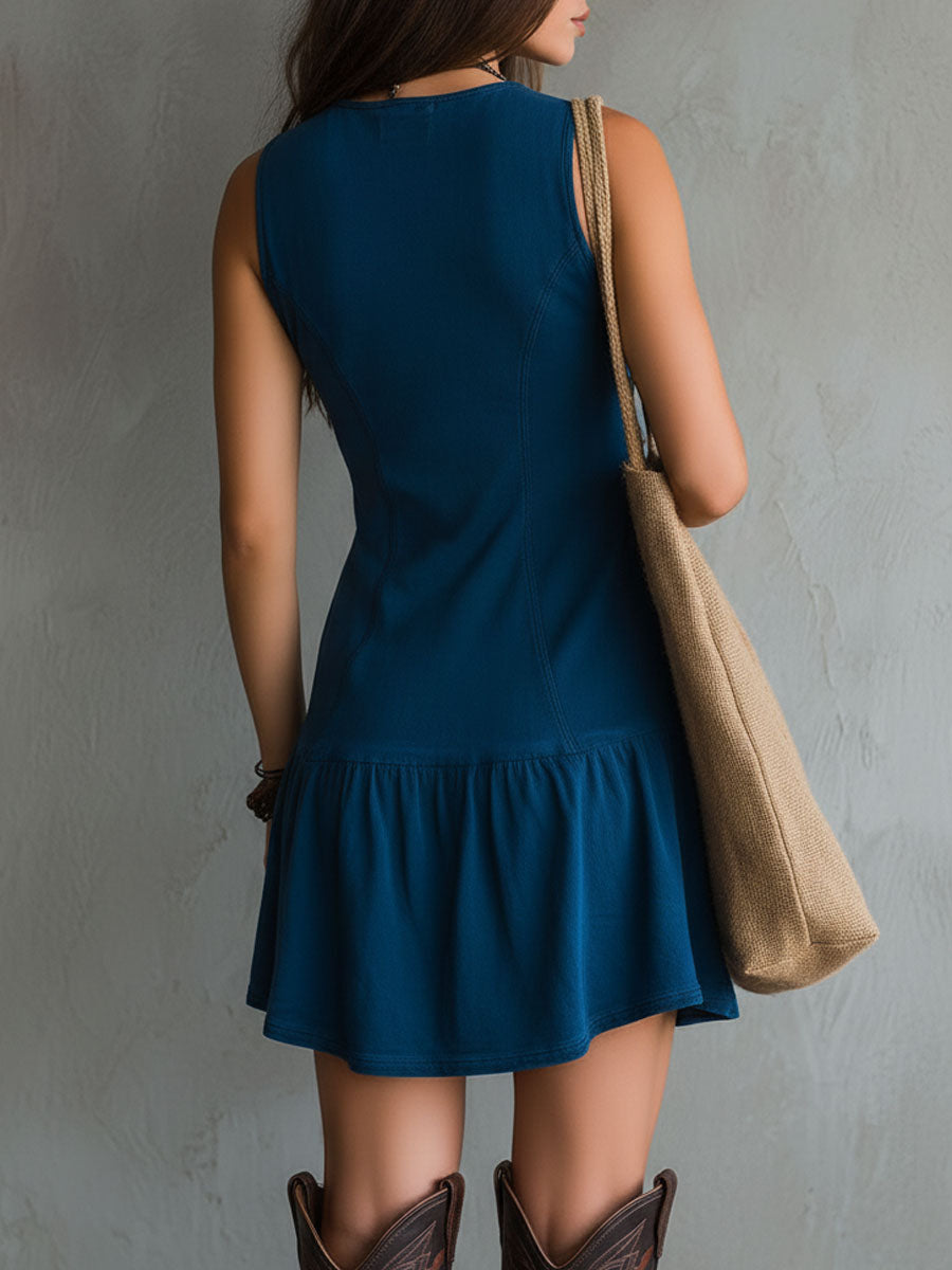 Minivestido bohemio índigo sin mangas, escote en V y botones delanteros