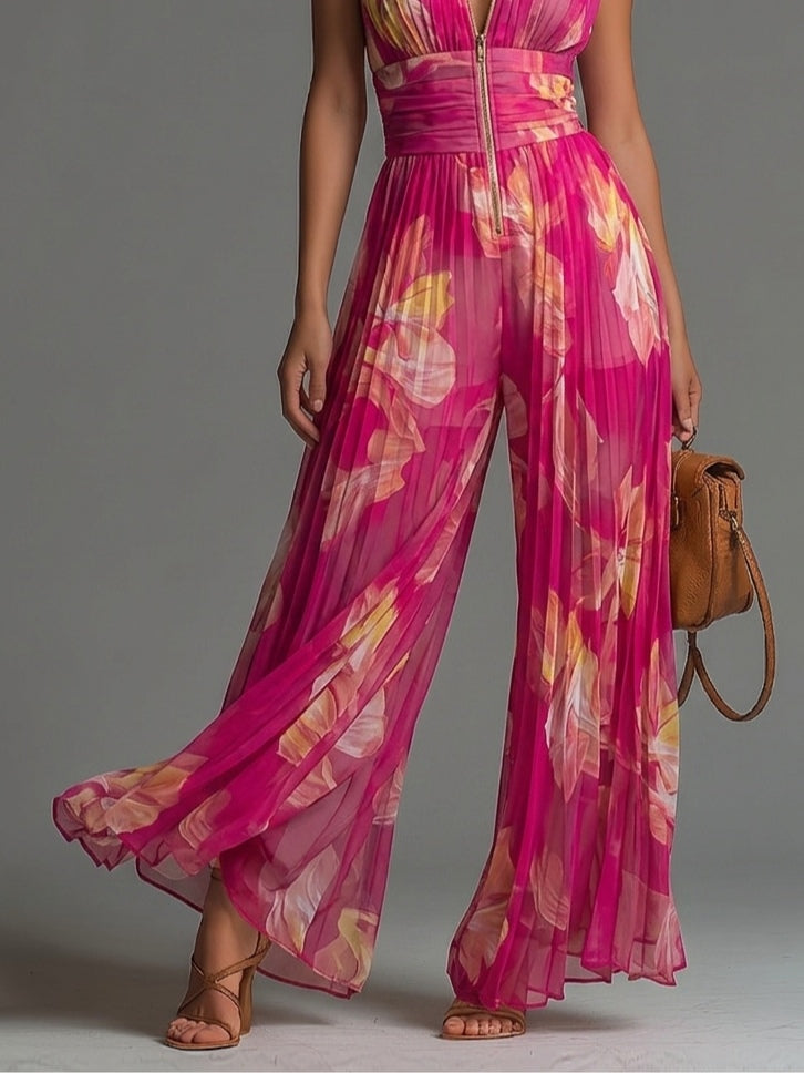 Mono fucsia de gasa con estampado floral, sin mangas, cremallera, plisado y pierna ancha