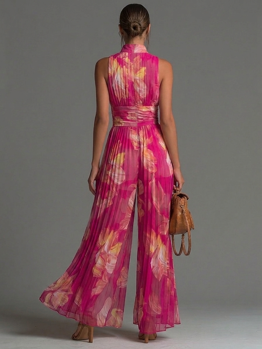 Mono fucsia de gasa con estampado floral, sin mangas, cremallera, plisado y pierna ancha