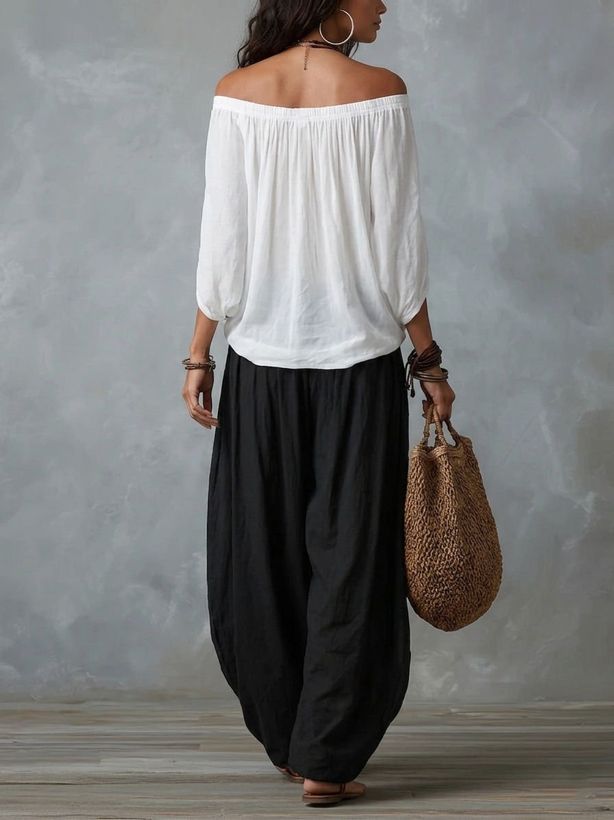 Conjunto branco de blusa ombro a ombro e calça pantalona soltinha