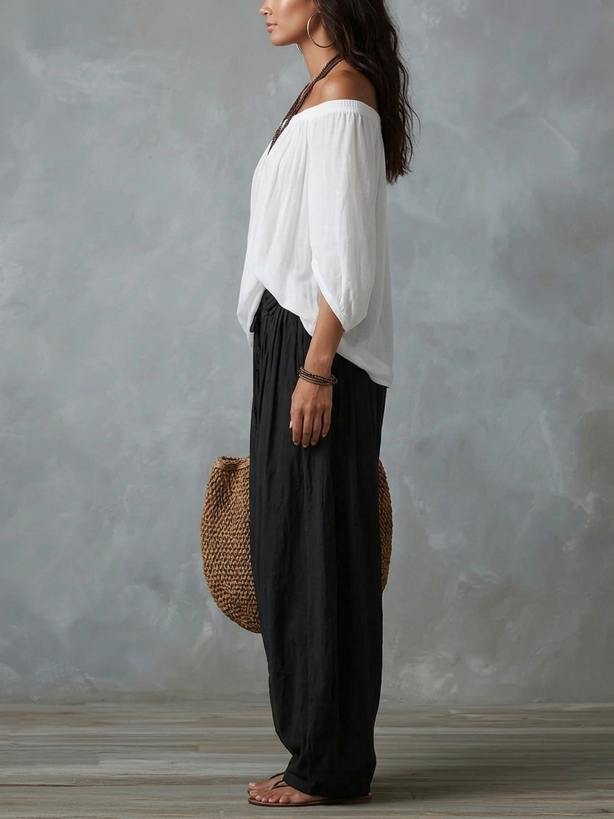 Conjunto branco de blusa ombro a ombro e calça pantalona soltinha