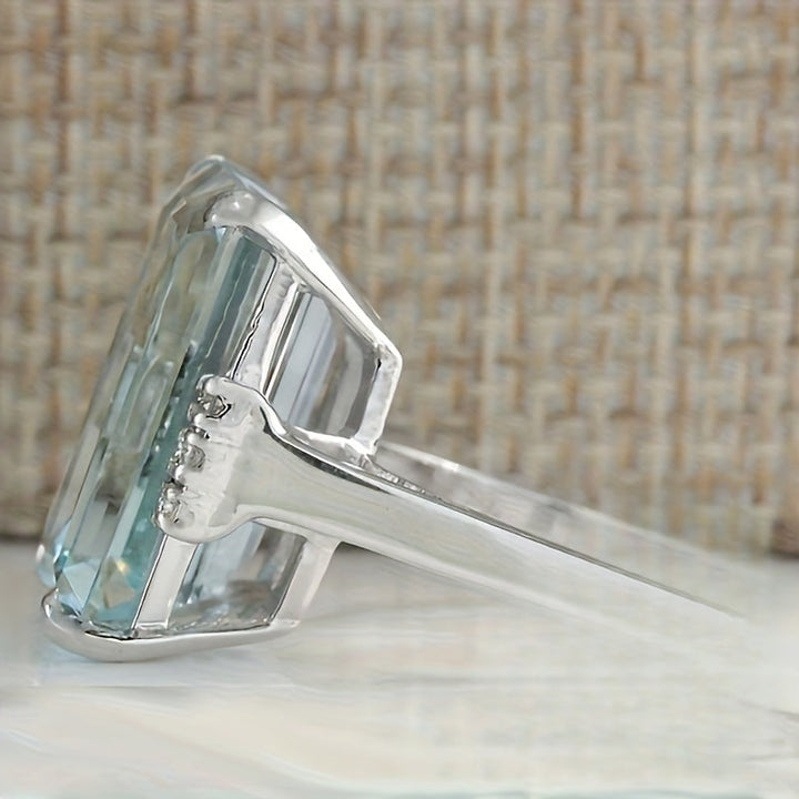 Elegant Classic 4 Prong Square Sea Blue Gemstone Ring