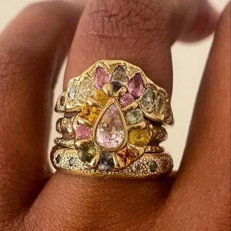 Cocktail Colorful Stones Forged Gold Ring