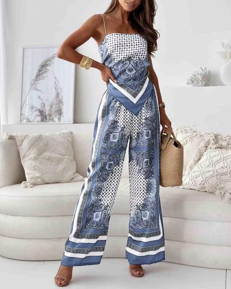 Conjunto Lila com colete estampado de amarrar e calça