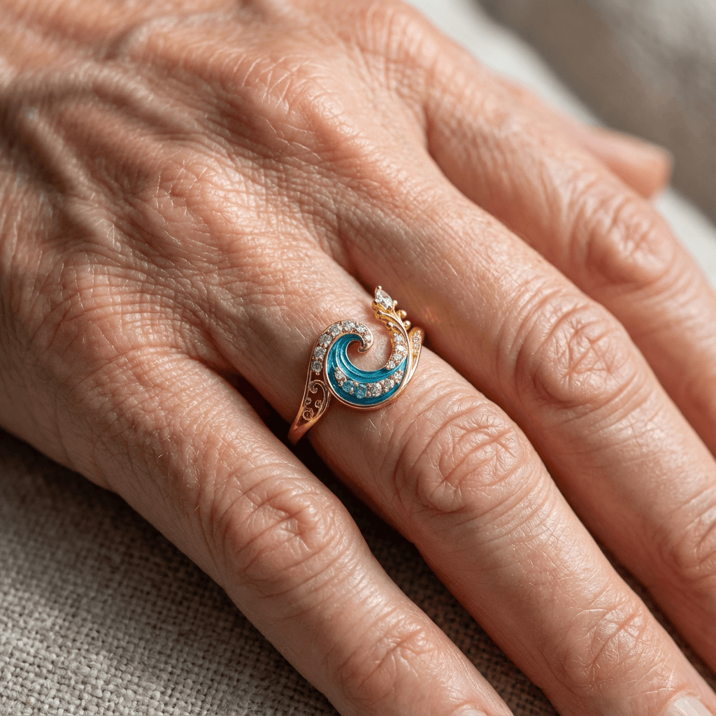 Ocean Wave Ring in Gold with Blue Crystal