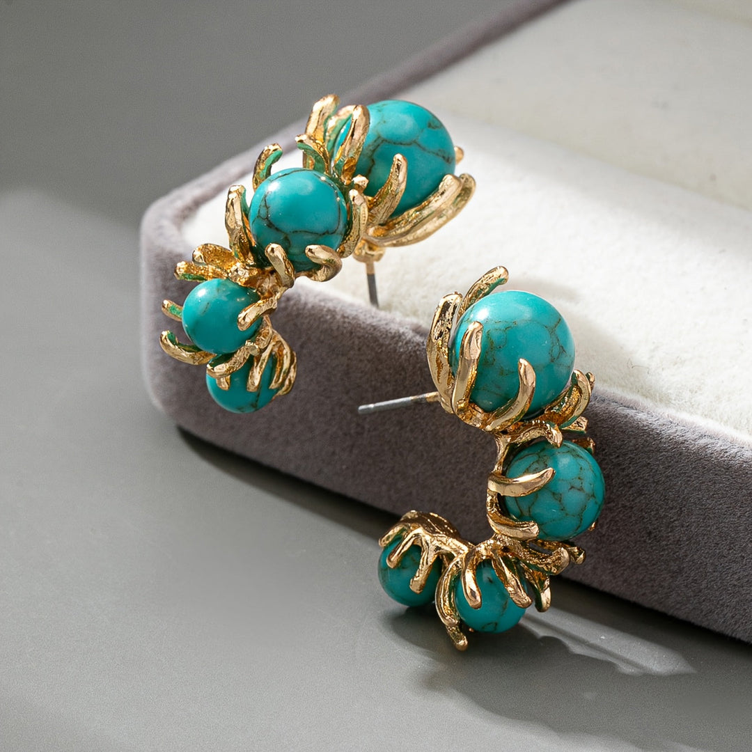 Turquoise Beaded Flower Design Earrings