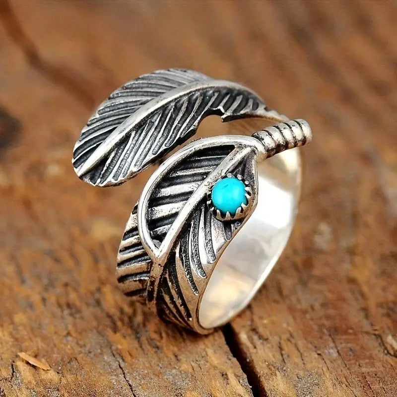Boho Feather Turquoise Sterling Silver Ring