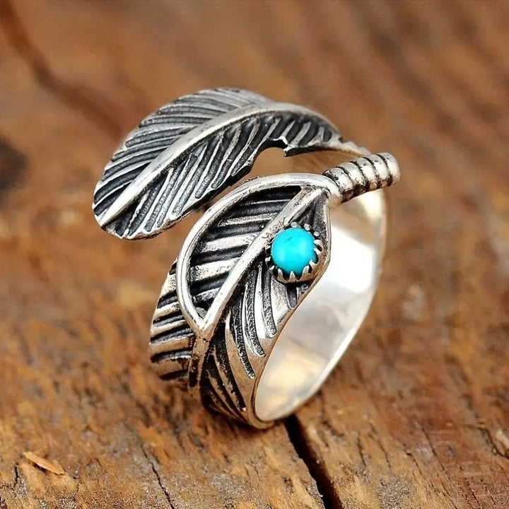 Boho Feather Turquoise Sterling Silver Ring