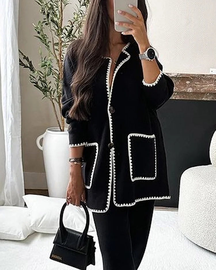 Conjunto Sofía de Chaqueta Decorada en los Bordes y Pantalones Casual