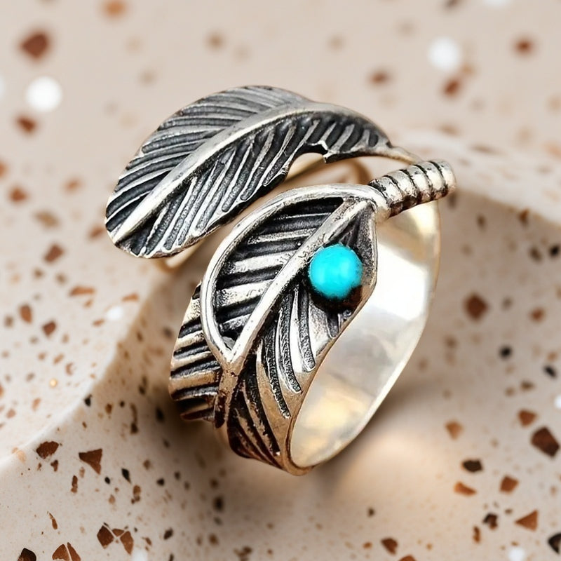 Boho Feather Turquoise Sterling Silver Ring