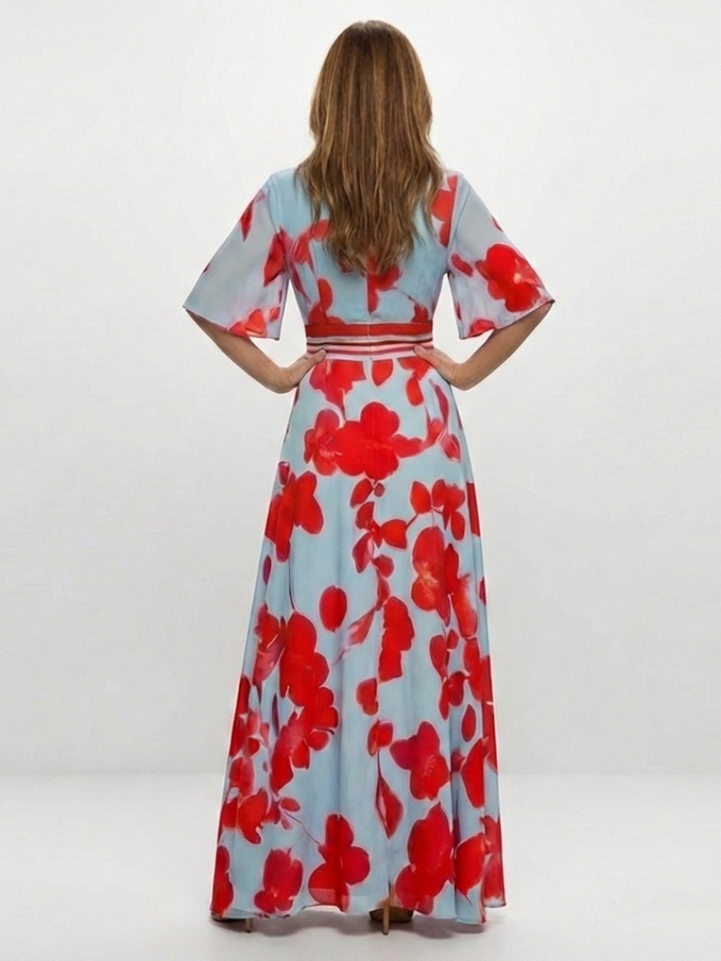 Corinne | Maxi-jurk met V-hals, korte mouwen en bloemenprint