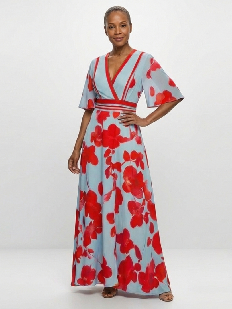 Corinne | Maxi-jurk met V-hals, korte mouwen en bloemenprint