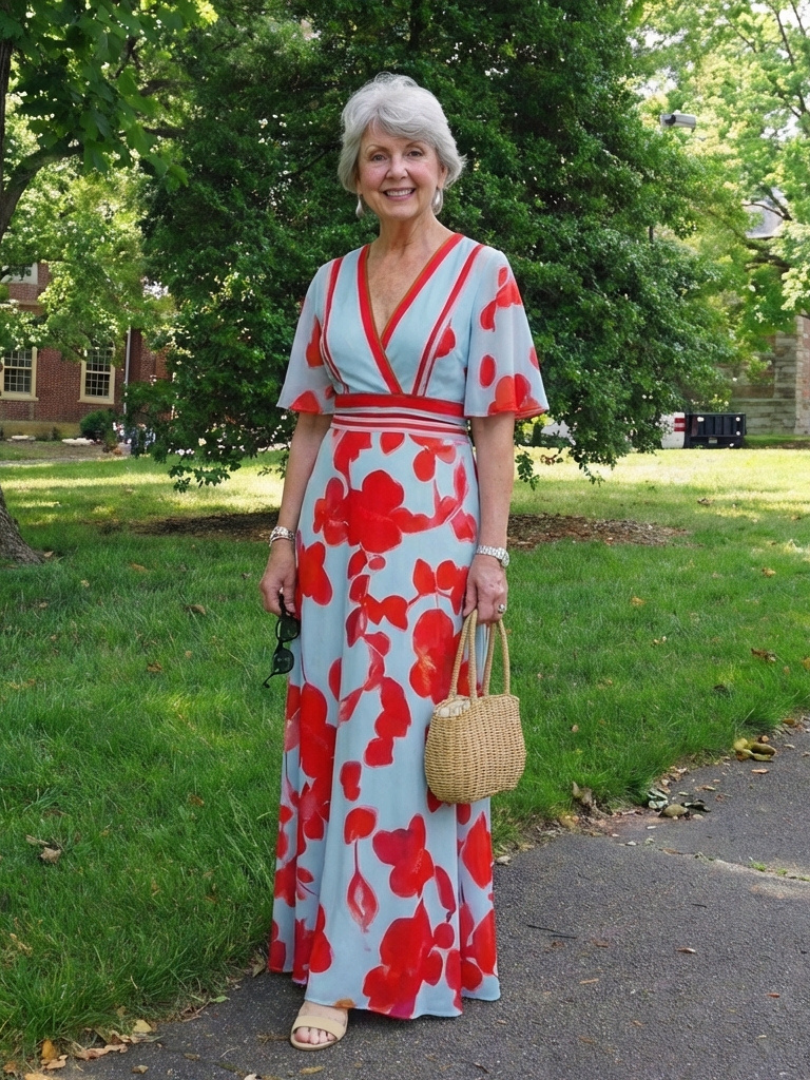 Corinne | Maxi-jurk met V-hals, korte mouwen en bloemenprint
