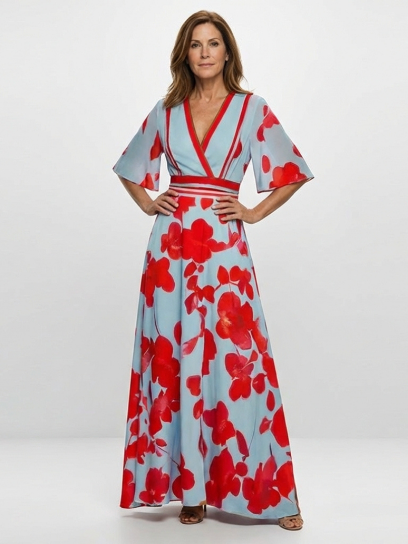 Corinne | Maxi-jurk met V-hals, korte mouwen en bloemenprint