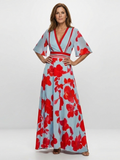 Corinne | Maxi-jurk met V-hals, korte mouwen en bloemenprint