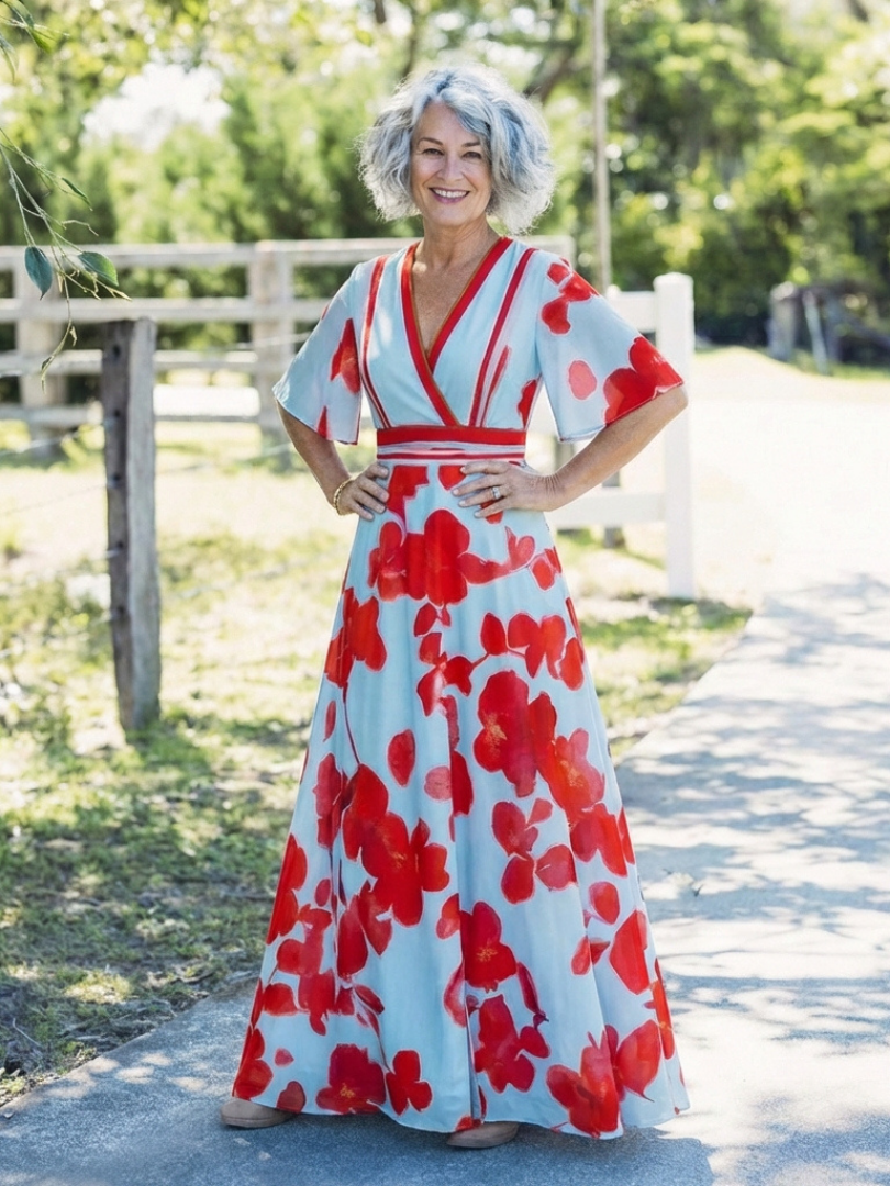 Corinne | Maxi-jurk met V-hals, korte mouwen en bloemenprint